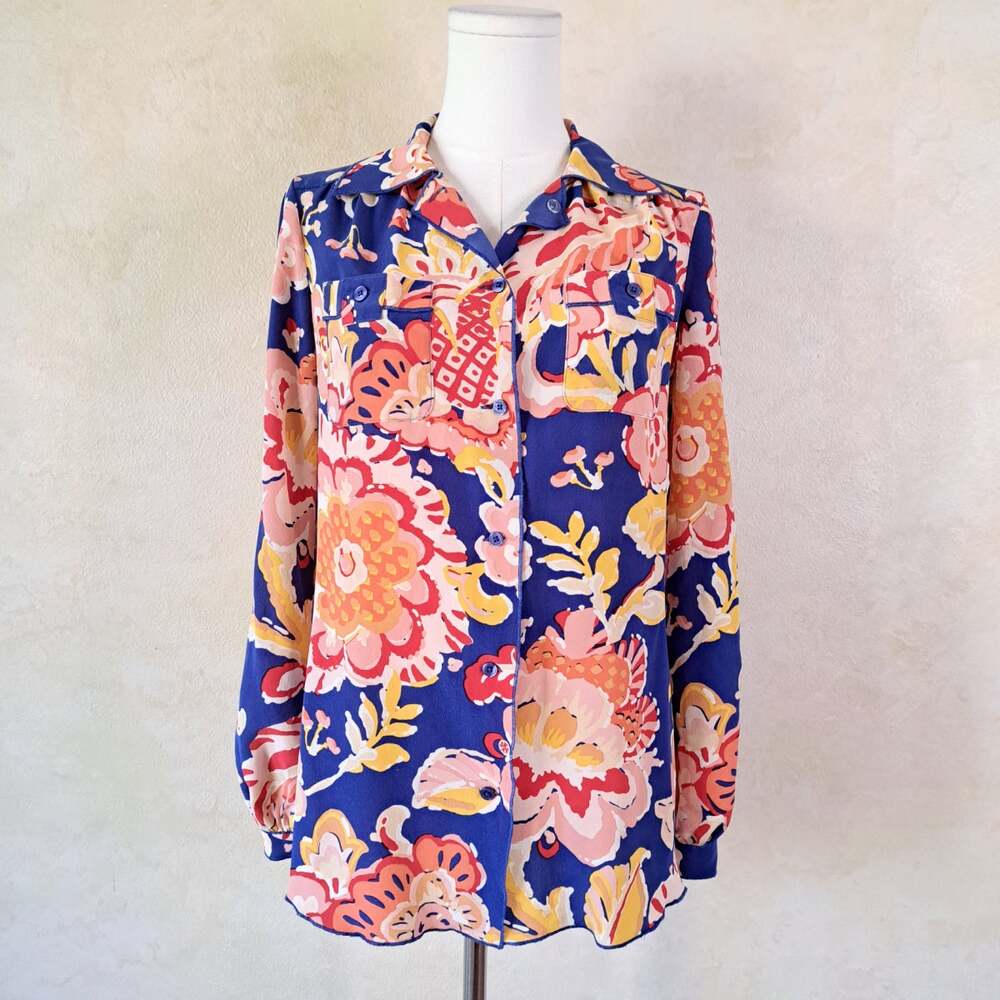 Tory Burch Silk Floral Roll Tab Blouse Top Size 4 Blue Pink Button Front - Picture 1 of 10